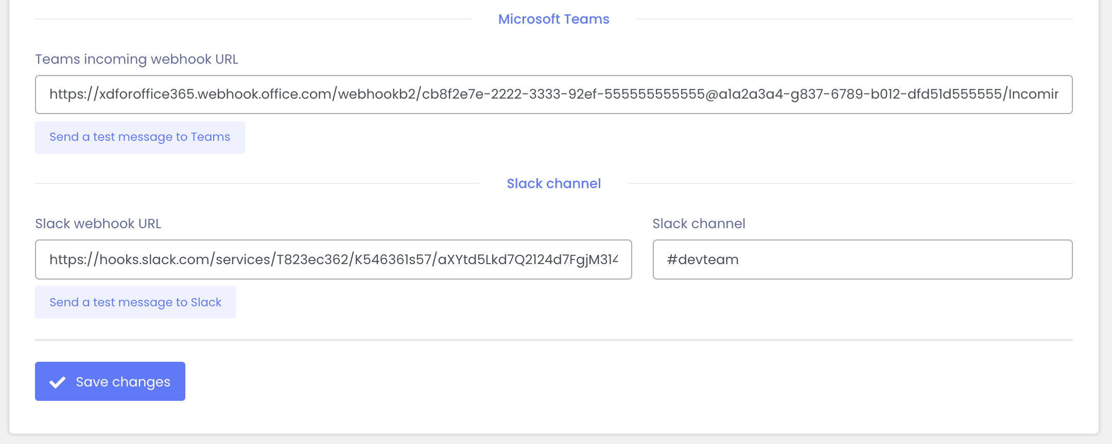 Send to SMS, to Slack, and Microsoft Team channels